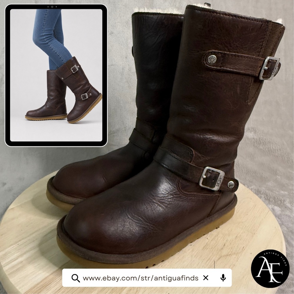 UGG Australia Kensington Brown Leather Moto Boots Sheepskin Lined 1969 Womens 4